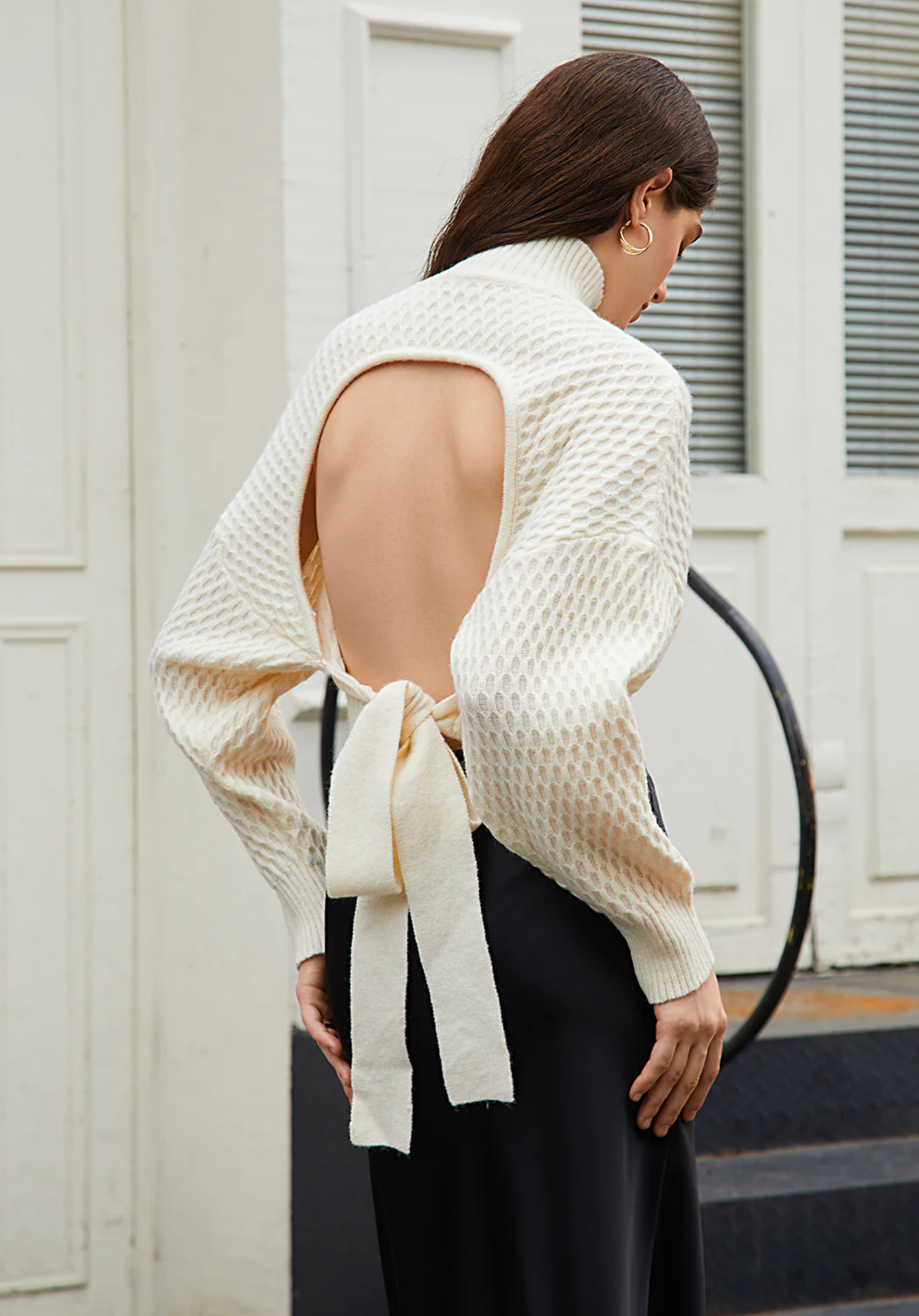 Tie-Back Mock Neck Sweater